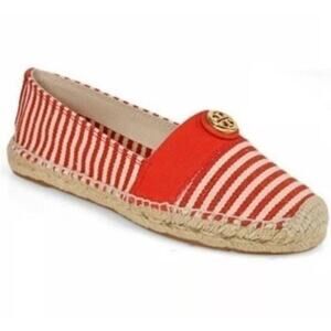 Tory Burch Flat Shoes Women 9 Striped Canvas Orange Espadrille Beacher